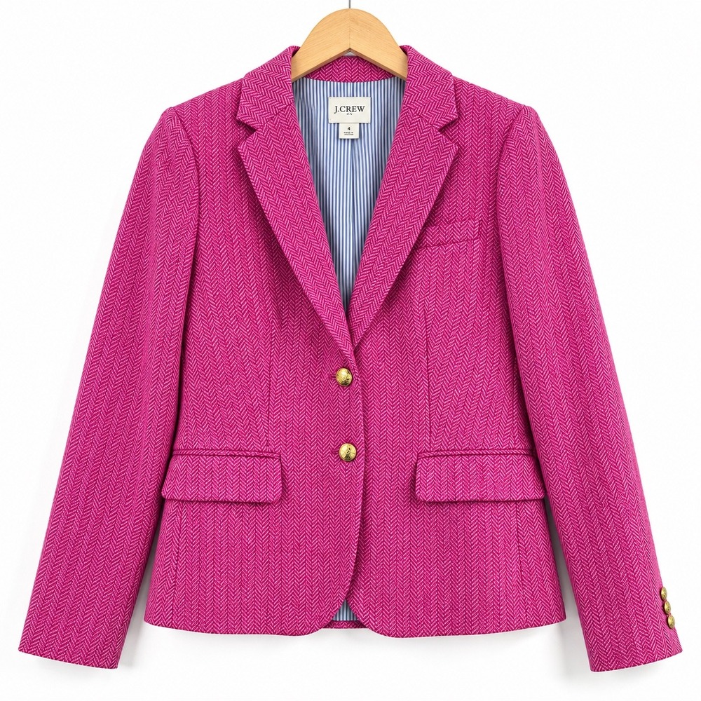 J.Crew Pink Herringbone Wool Blend Blazer Gold Buttons Women Size 4